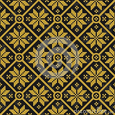 Vector seamless geometric pattern with golden knitted snowflakes on black background. Vector Illustration